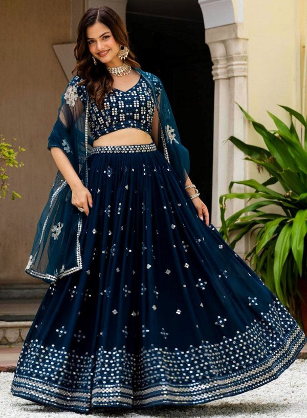 Beautiful Teal  Color Georgette Fabric Party Wear Lehenga