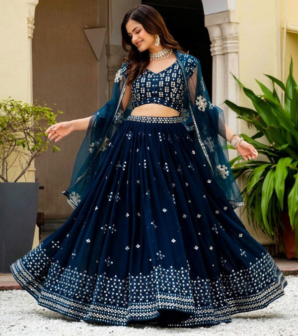 Beautiful Teal  Color Georgette Fabric Party Wear Lehenga