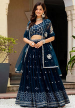 Beautiful Teal  Color Georgette Fabric Party Wear Lehenga