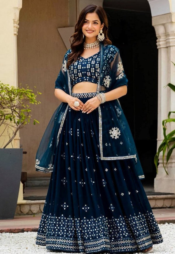 Beautiful Teal  Color Georgette Fabric Party Wear Lehenga