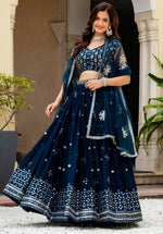 Beautiful Teal  Color Georgette Fabric Party Wear Lehenga