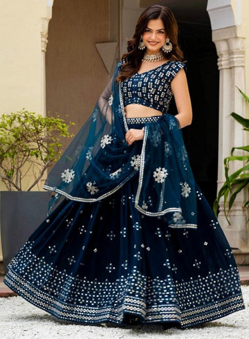 Beautiful Teal  Color Georgette Fabric Party Wear Lehenga