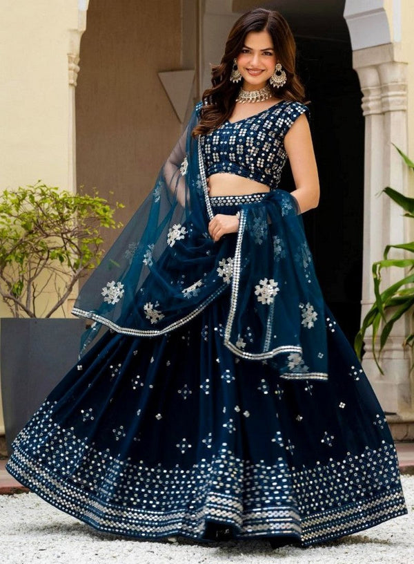 Beautiful Teal  Color Georgette Fabric Party Wear Lehenga