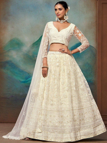 Ideal Cream Color Net Fabric Party Wear Lehenga