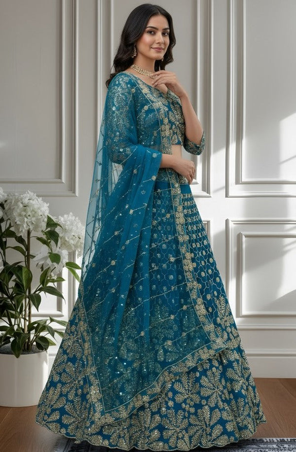 Beautiful Turquoise Color Net Fabric Party Wear Lehenga
