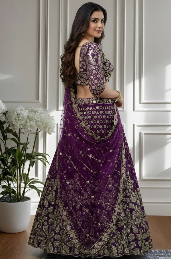 Beautiful Wine Color Net Fabric Party Wear Lehenga