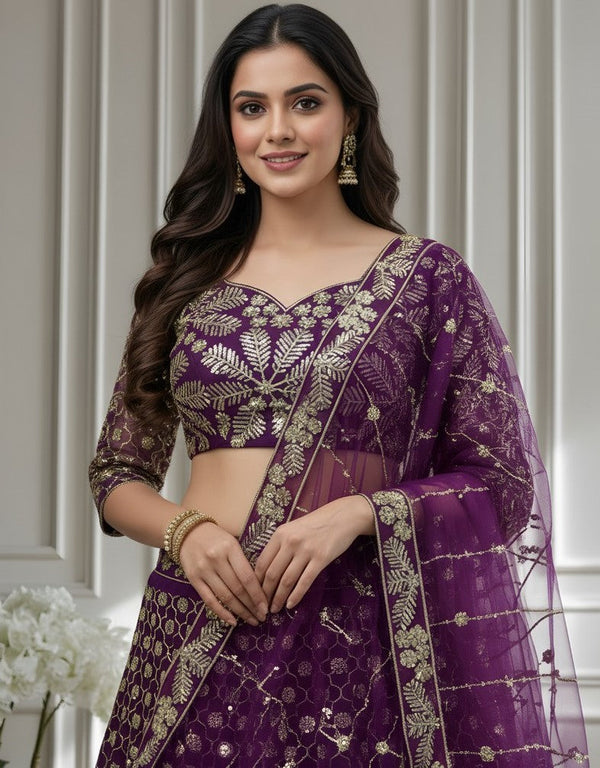 Beautiful Wine Color Net Fabric Party Wear Lehenga