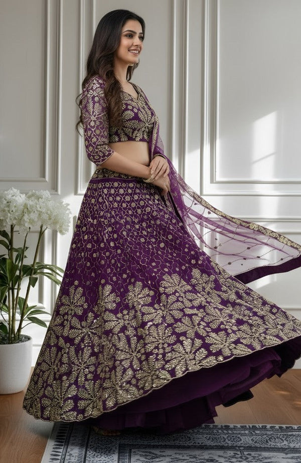 Beautiful Wine Color Net Fabric Party Wear Lehenga