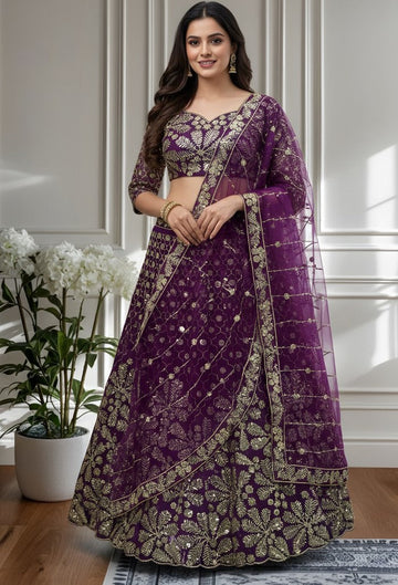 Beautiful Wine Color Net Fabric Party Wear Lehenga