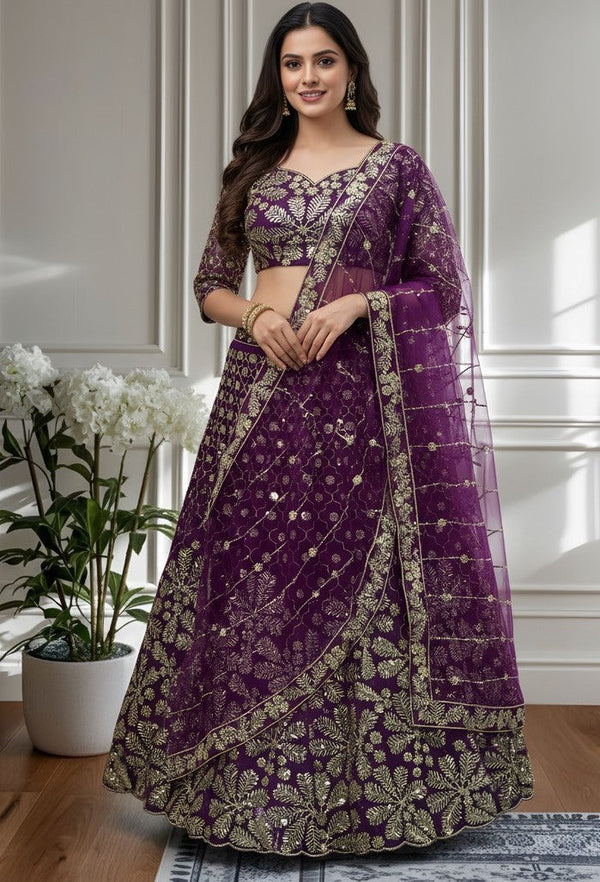 Beautiful Wine Color Net Fabric Party Wear Lehenga