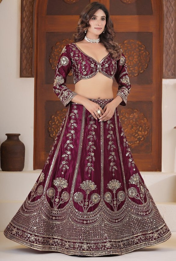 Angelic Wine Color Chinon Fabric Party Wear Lehenga
