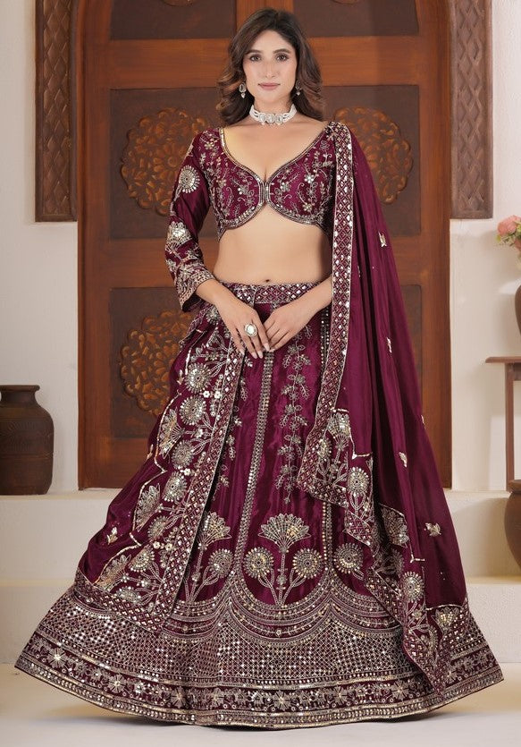 Angelic Wine Color Chinon Fabric Party Wear Lehenga