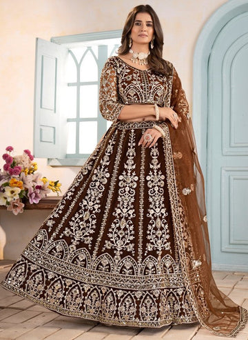Amazing Brown Color Net  Fabric Party Wear Lehenga