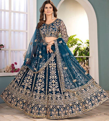 Amazing Teal Color Net  Fabric Party Wear Lehenga