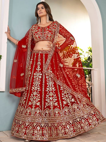Amazing Red Color Net  Fabric Party Wear Lehenga