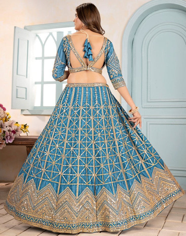Ideal Aqua Color Chinon Fabric Party Wear Lehenga