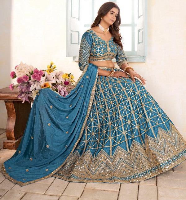 Ideal Aqua Color Chinon Fabric Party Wear Lehenga