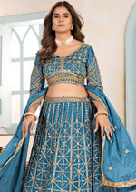 Ideal Aqua Color Chinon Fabric Party Wear Lehenga