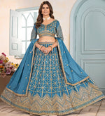 Ideal Aqua Color Chinon Fabric Party Wear Lehenga