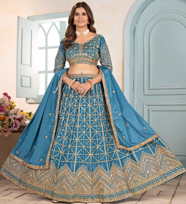 Ideal Aqua Color Chinon Fabric Party Wear Lehenga