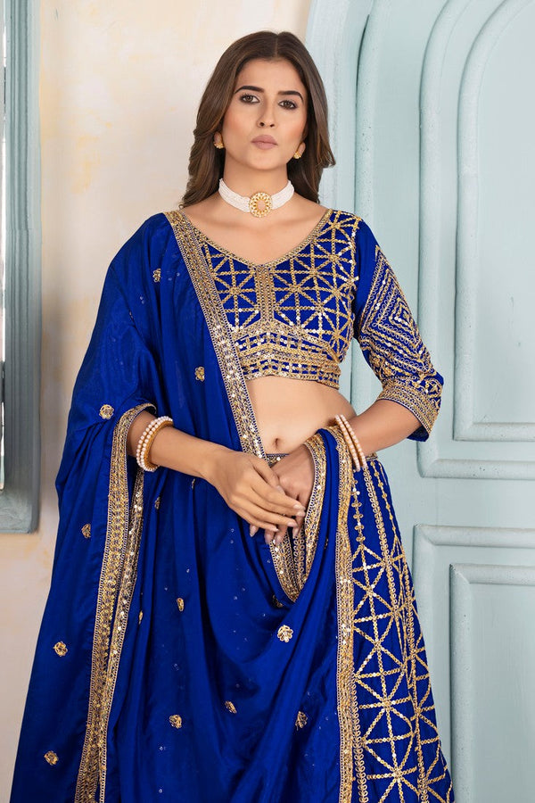 Ideal Blue Color Chinon Fabric Party Wear Lehenga