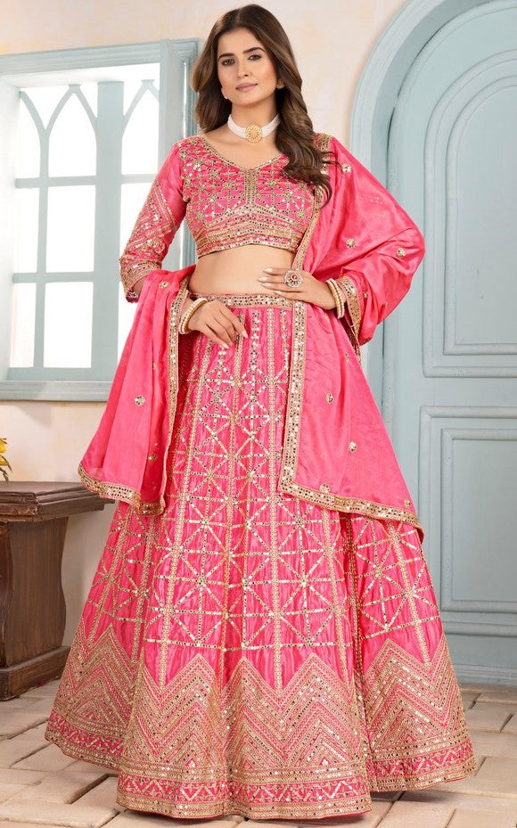 Ideal Pink Color Chinon Fabric Party Wear Lehenga