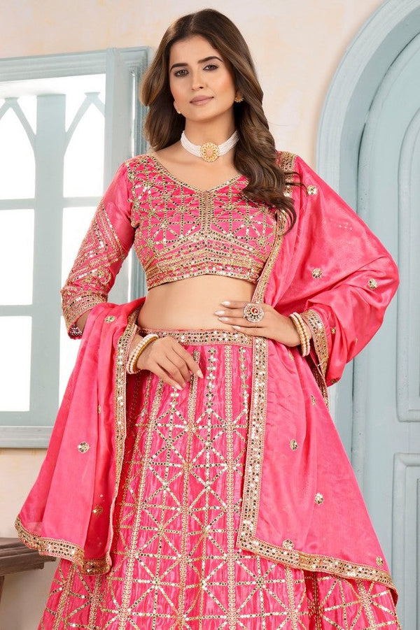 Ideal Pink Color Chinon Fabric Party Wear Lehenga