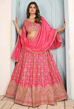 Ideal Pink Color Chinon Fabric Party Wear Lehenga