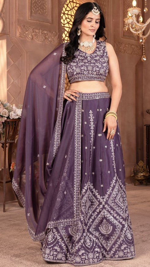 Stunning Purple Color Georgette Fabric Party Wear Lehenga