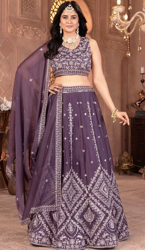 Stunning Purple Color Georgette Fabric Party Wear Lehenga