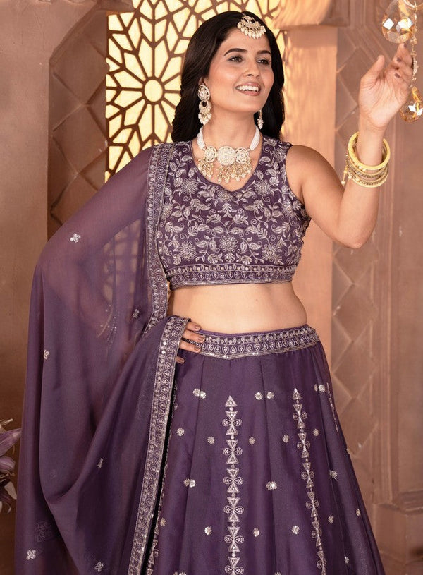 Stunning Purple Color Georgette Fabric Party Wear Lehenga