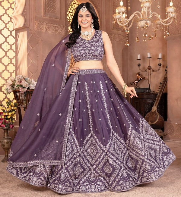 Stunning Purple Color Georgette Fabric Party Wear Lehenga