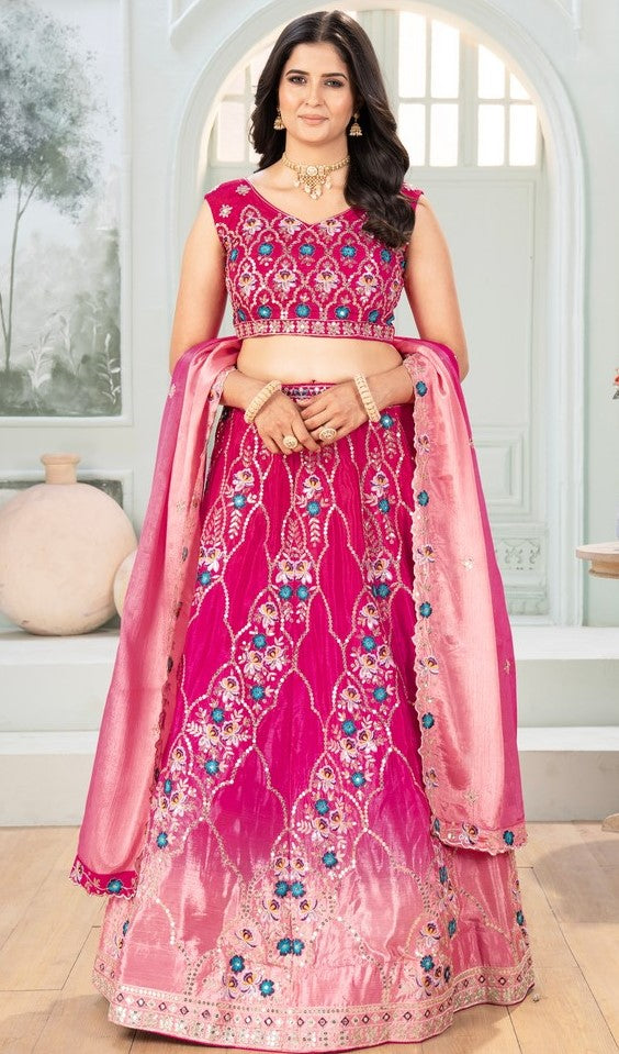 Stunning Pink Color Chinon  Fabric Party Wear Lehenga