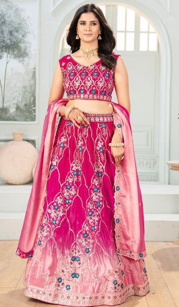 Stunning Pink Color Chinon  Fabric Party Wear Lehenga