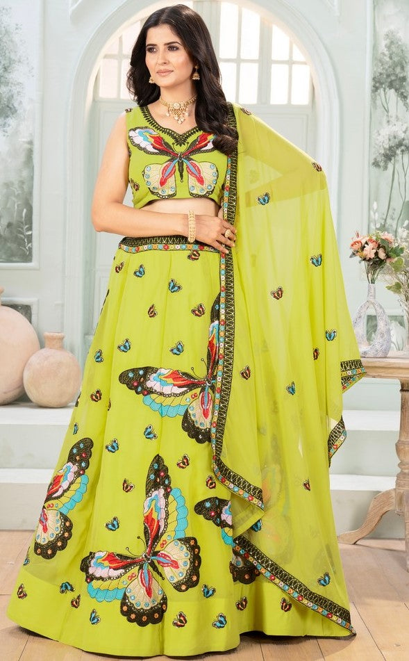 Stunning Green Color Georgette Fabric Party Wear Lehenga