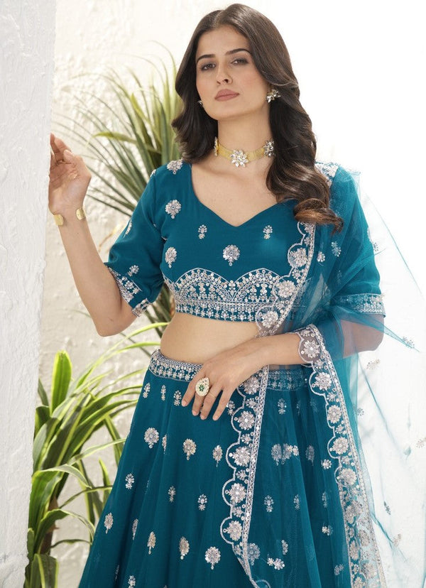 Beautiful Teal Color Georgette  Fabric Party Wear Lehenga