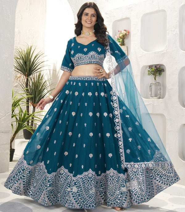 Beautiful Teal Color Georgette  Fabric Party Wear Lehenga