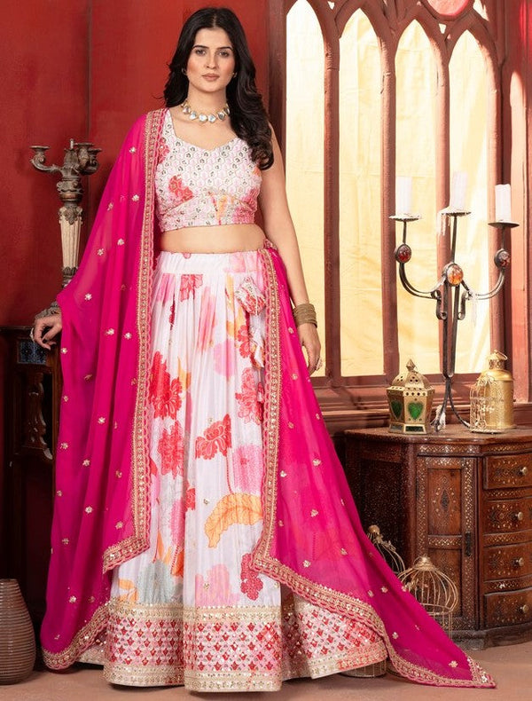 Beautiful White Color Chinon Fabric Party Wear Lehenga