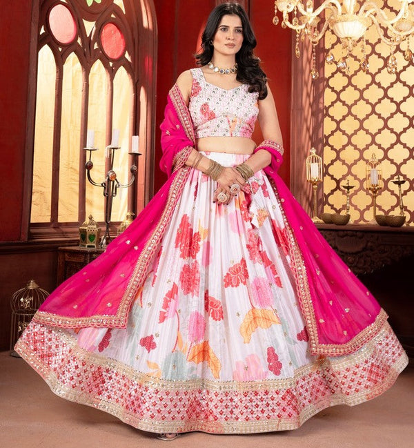 Beautiful White Color Chinon Fabric Party Wear Lehenga