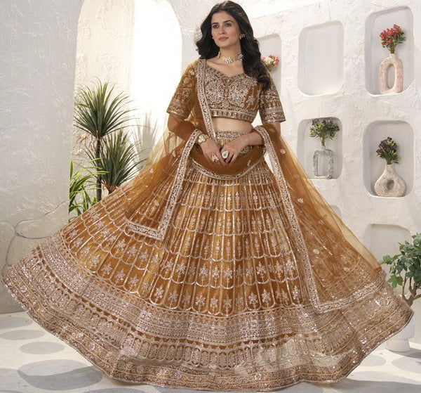 Beautiful Brown Color Net Fabric Party Wear Lehenga