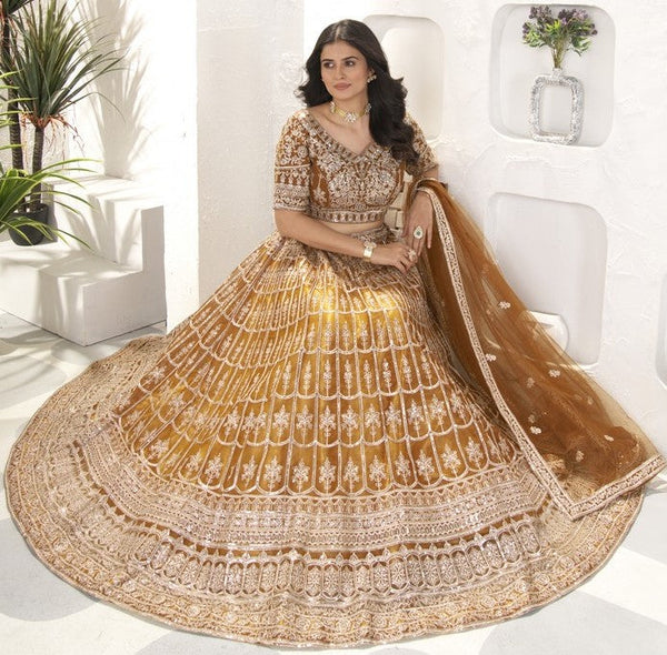 Beautiful Brown Color Net Fabric Party Wear Lehenga