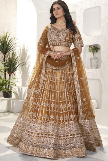 Beautiful Brown Color Net Fabric Party Wear Lehenga