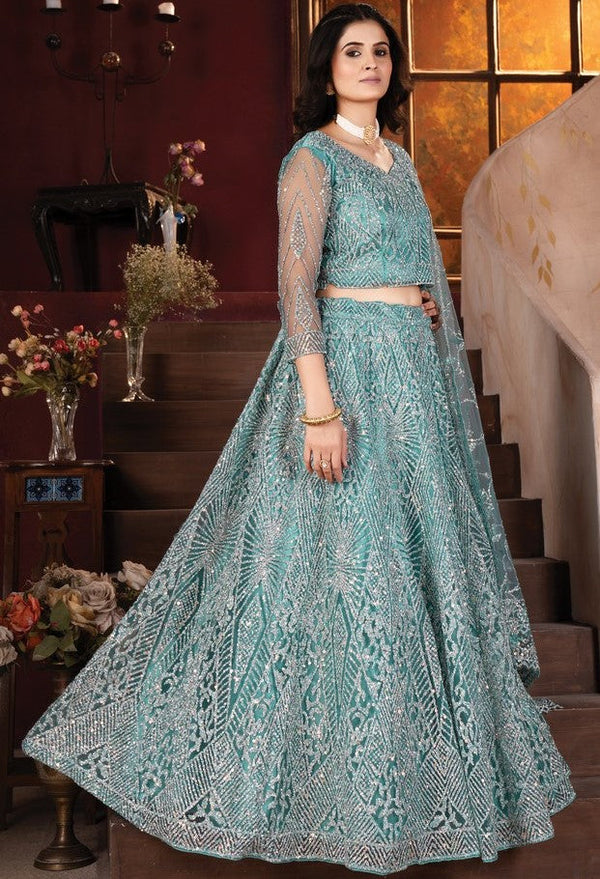 Superb Aqua Color Net Fabric Party Wear Lehenga
