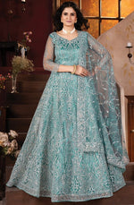 Superb Aqua Color Net Fabric Party Wear Lehenga