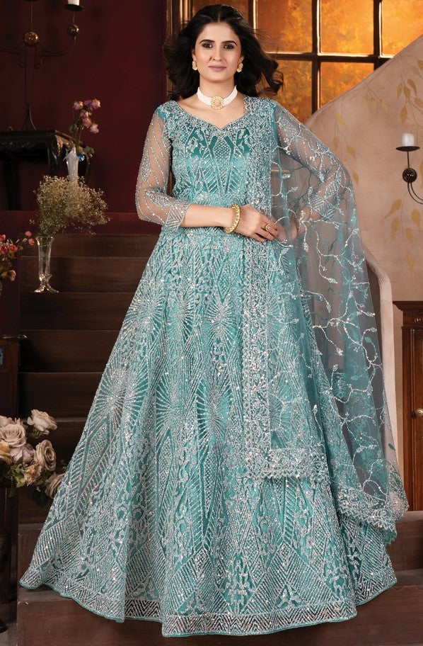 Superb Aqua Color Net Fabric Party Wear Lehenga
