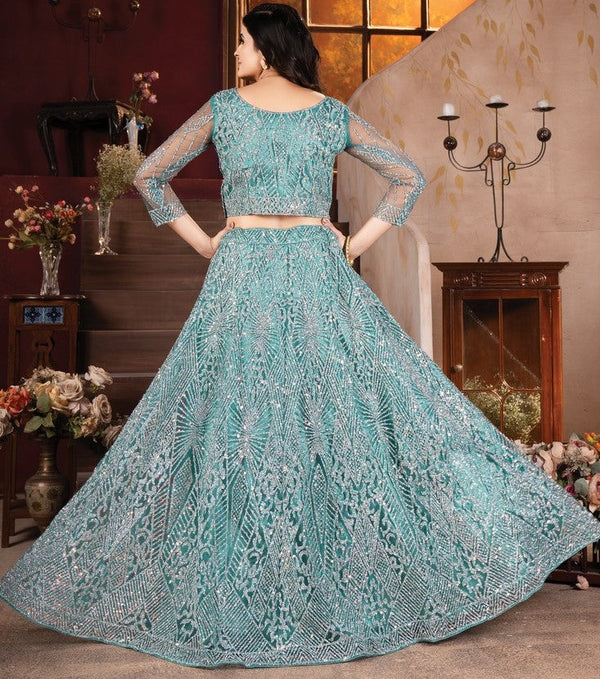 Superb Aqua Color Net Fabric Party Wear Lehenga