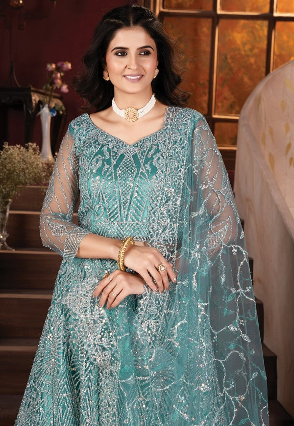 Superb Aqua Color Net Fabric Party Wear Lehenga