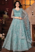Superb Aqua Color Net Fabric Party Wear Lehenga
