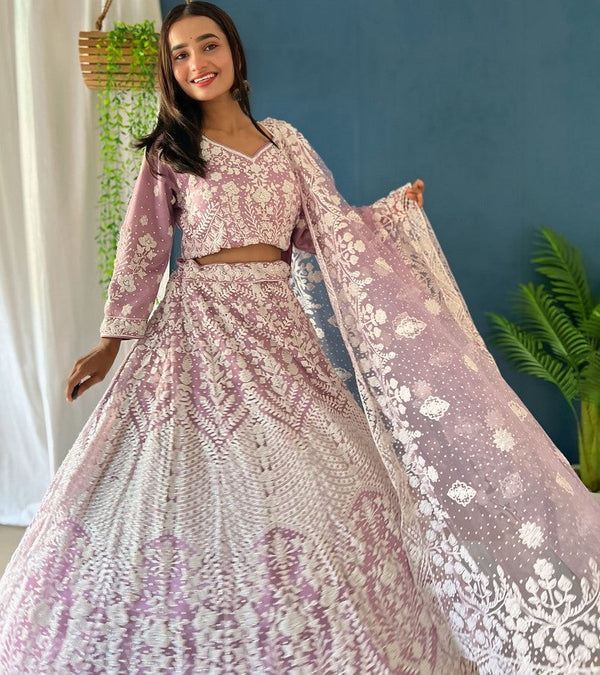 Superb Pink Color Net Fabric Party Wear Lehenga