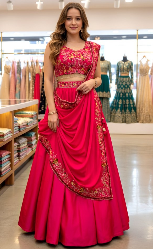 Superb Magenta Color Satin Fabric Party Wear Lehenga